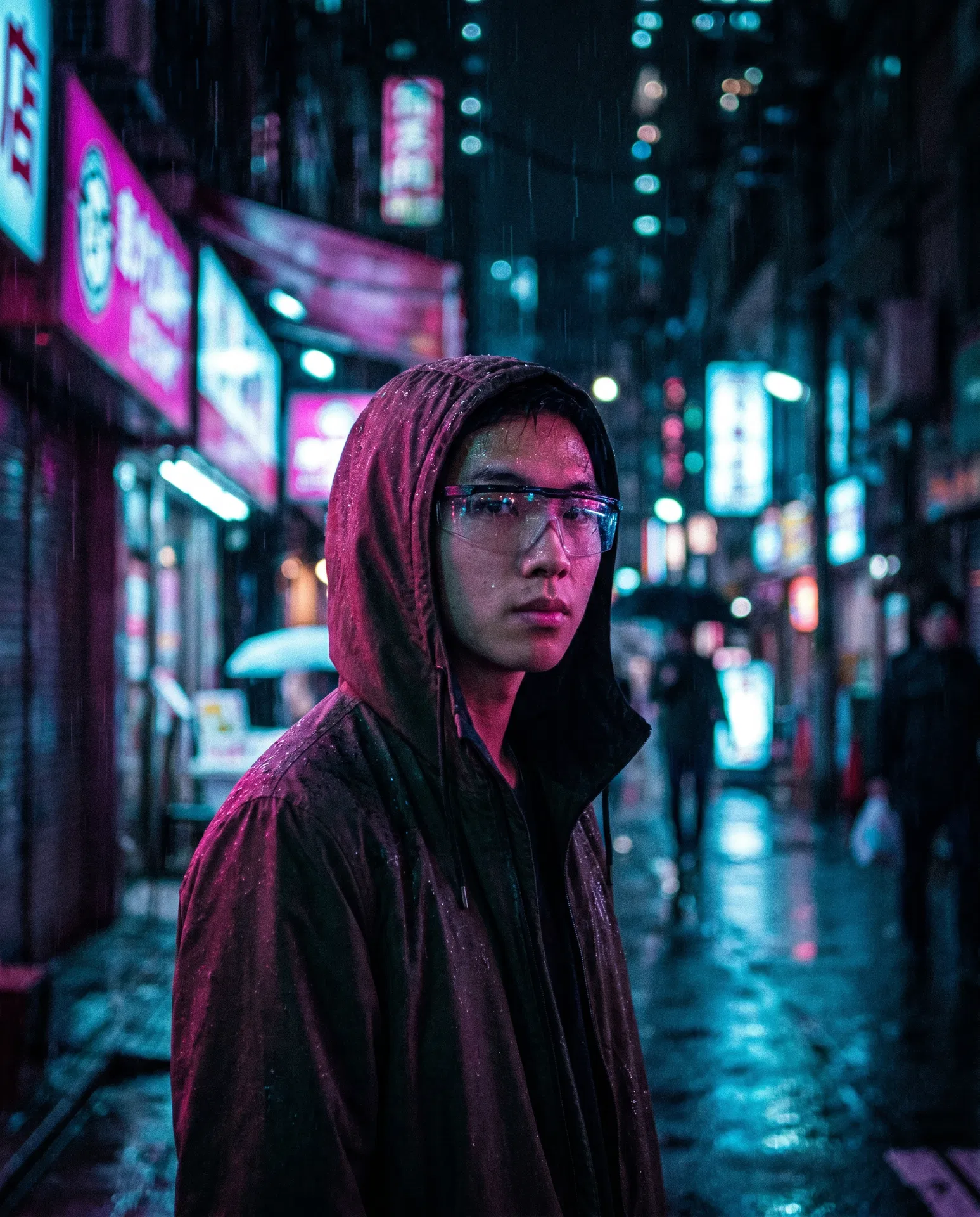 霓虹雨夜下的赛博朋克人物肖像